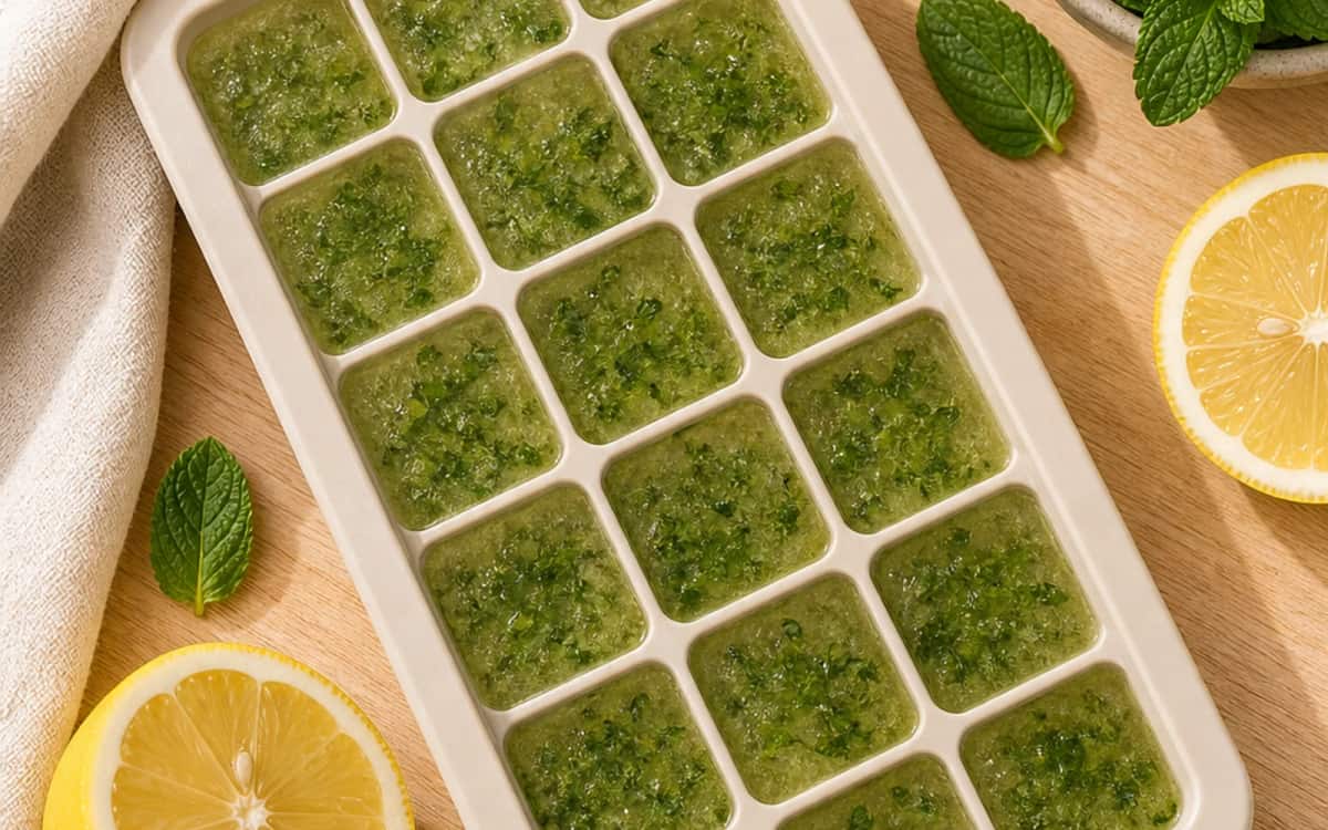 Minze clever einfrieren: Aromatische Eiswürfel mit Zitrone Eiswürfelform mit pürierter Minze und Zitrone