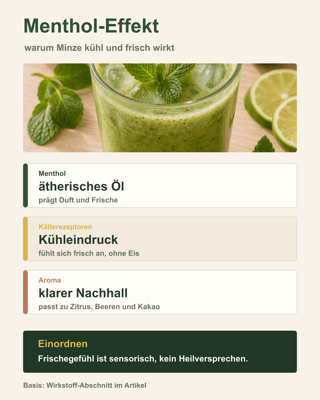 Menthol-Wirkung aus Minze: Kühlt, beruhigt, erfrischt Illustration der kühlenden Wirkung von Menthol aus Minze