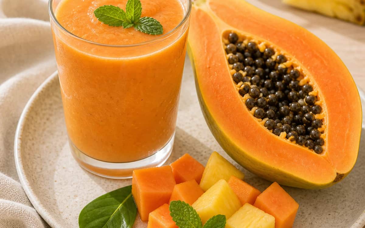 Tropischer Papaya-Smoothie mit frischer Frucht Reife Papaya mit tropischem Smoothie