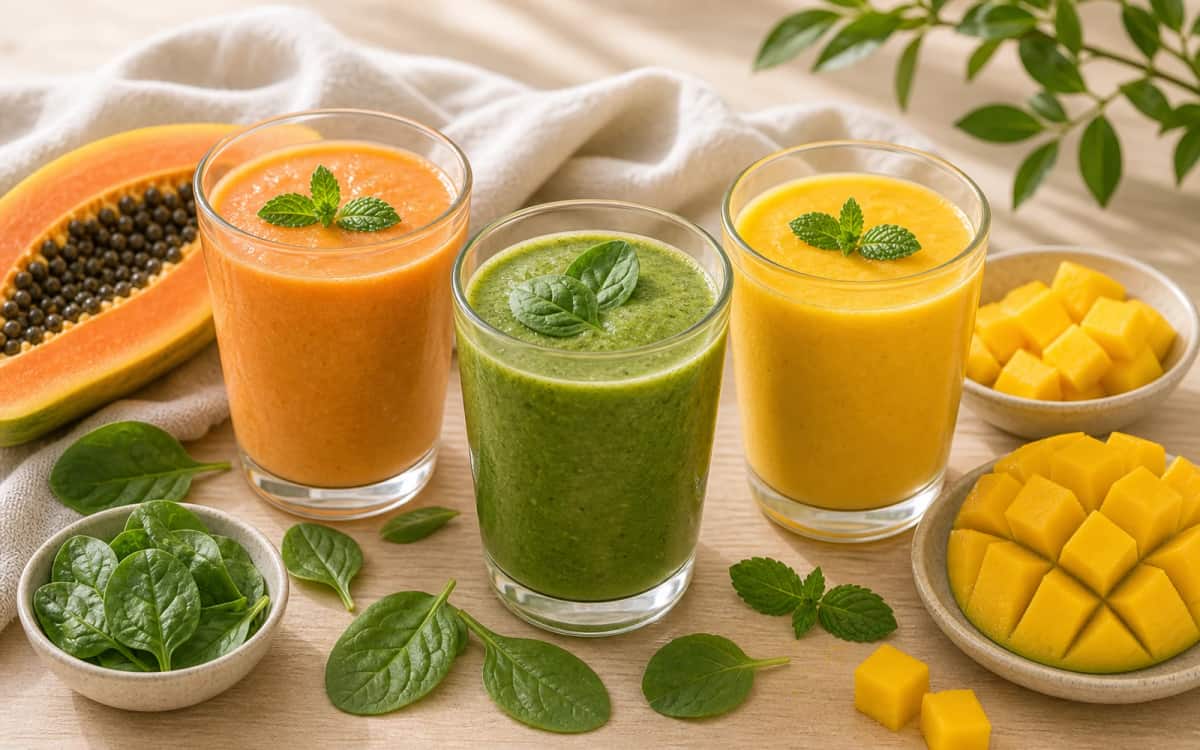 Kreative Smoothie-Kombis mit Papaya Smoothie-Kombinationen mit Papaya, Spinat und Mango