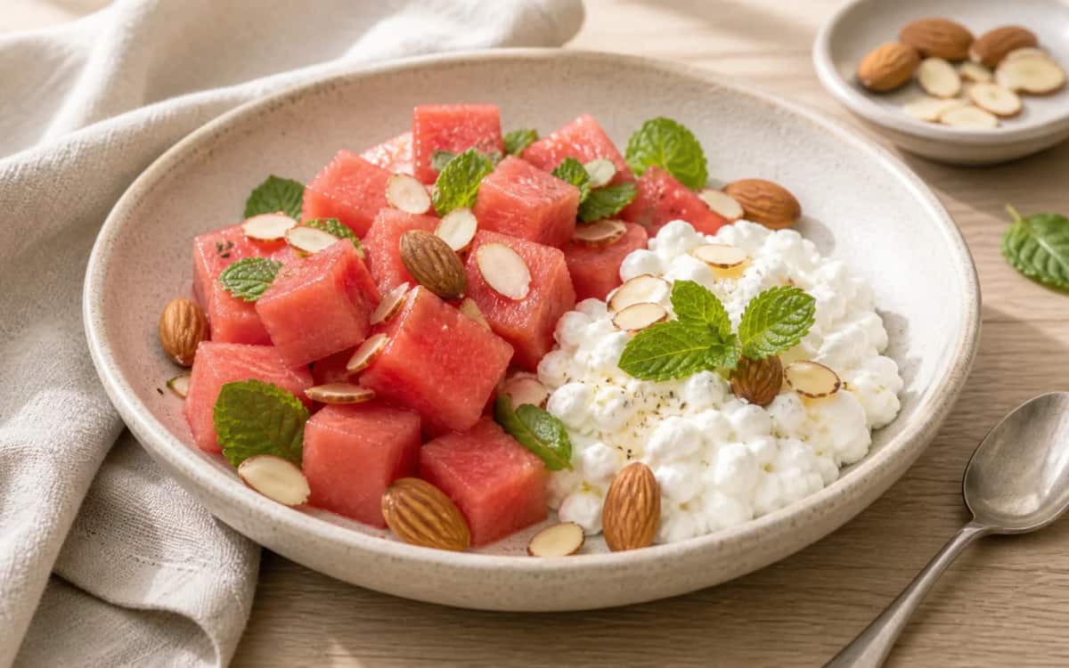 Schlankmacher-Kombi mit Wassermelone, Protein und gesunden Fetten Wassermelonenwürfel mit Hüttenkäse, Mandeln und Minze angerichtet