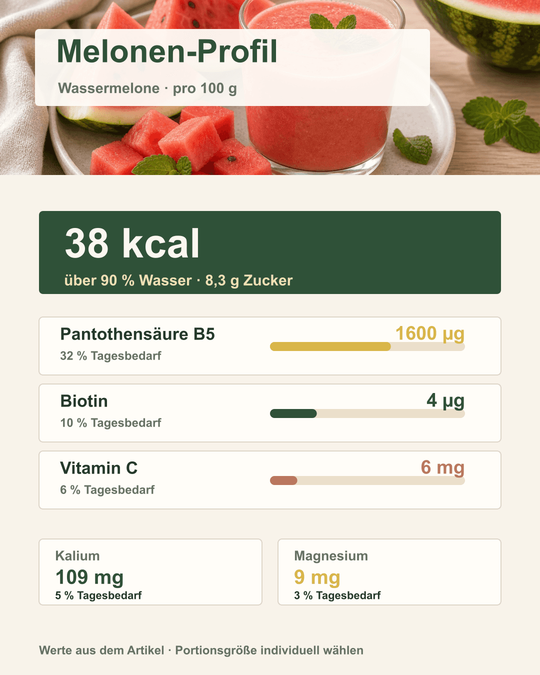 Nährwerte der Wassermelone auf einen Blick Infografik: Kalorien, Kalium, Vitamin C und Citrullin in Wassermelone