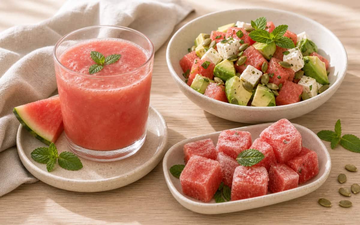 Power-Rezepte mit Wassermelone für Sport und Gesundheit Collage: Regenerationsdrink, Detox-Salat und Low-Sugar-Eis mit Wassermelone