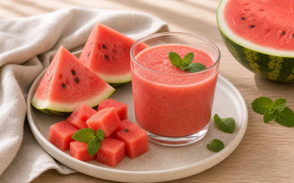 Frisch geschnittene Wassermelone mit Smoothie – Sommer pur! Frische Wassermelone neben Smoothie-Glas auf hellem Holz