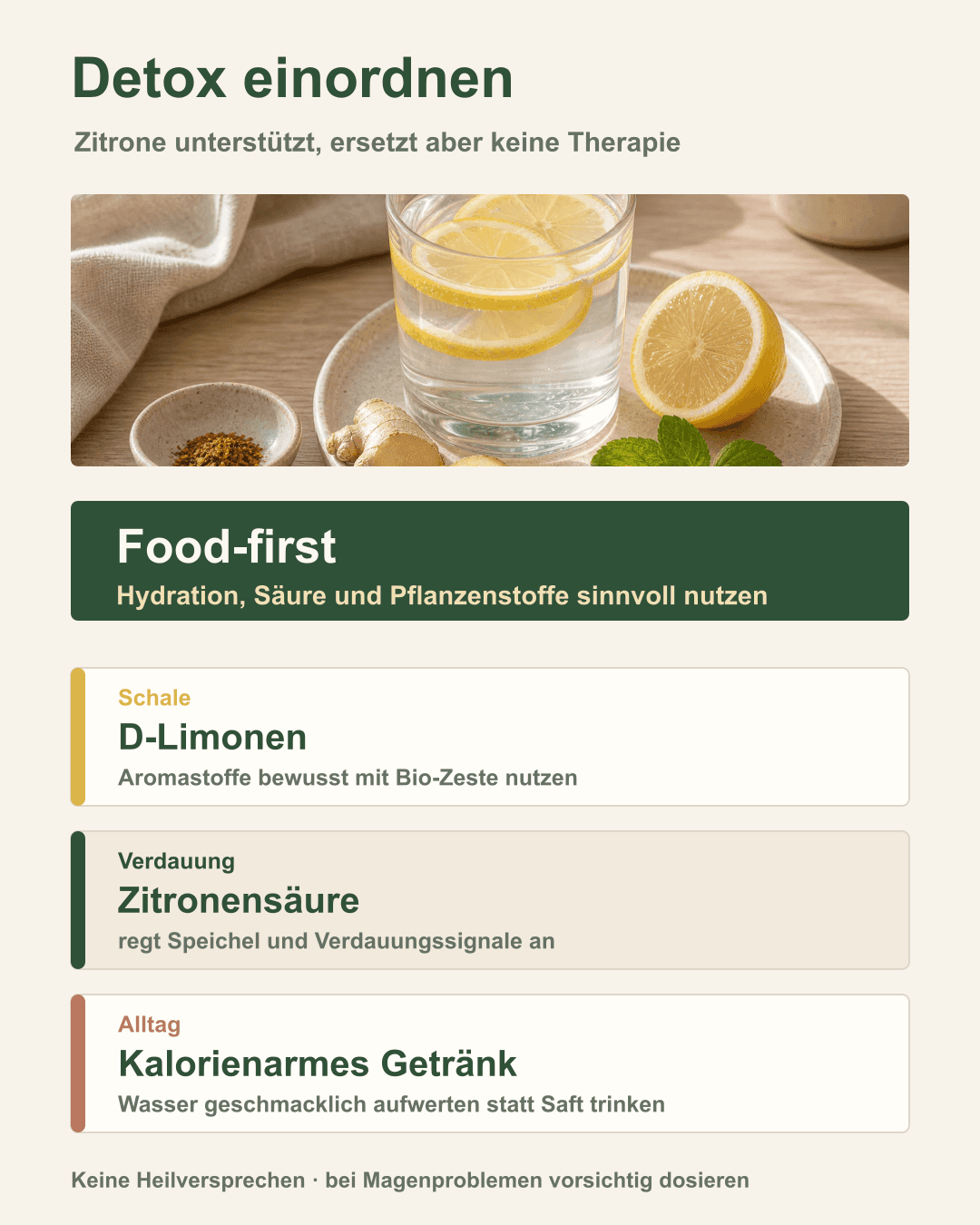 Wie die Zitrone den Körper entgiftet – visualisiert Frische Zitrone mit Detox-Icons für Leber, pH, Niere