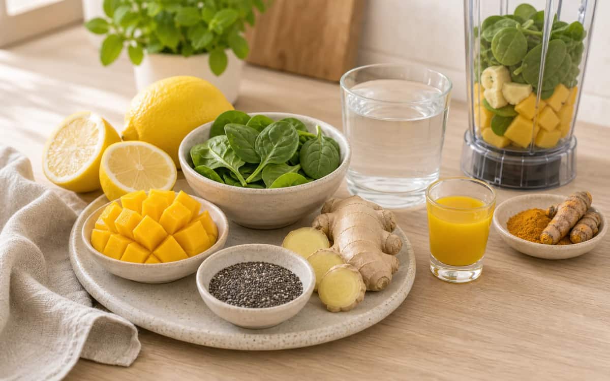 Zitrone in der kreativen Küche: Frisch, würzig, gesund Zutaten für Smoothie und Zitronen-Shot auf Arbeitsplatte
