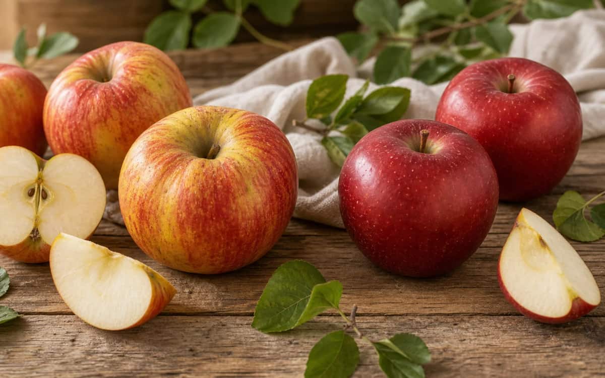 Diese Apfelsorten sind besonders gut verträglich bei Allergien Berlepsch und Santana Äpfel nebeneinander auf einem rustikalen Tisch