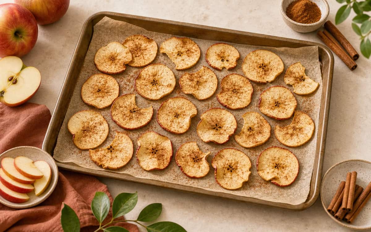 Low-Carb-Knabberspaß: So gelingen knusprige Apfelchips im Ofen Selbstgemachte Low-Carb-Apfelchips auf Backblech mit Zimt bestäubt