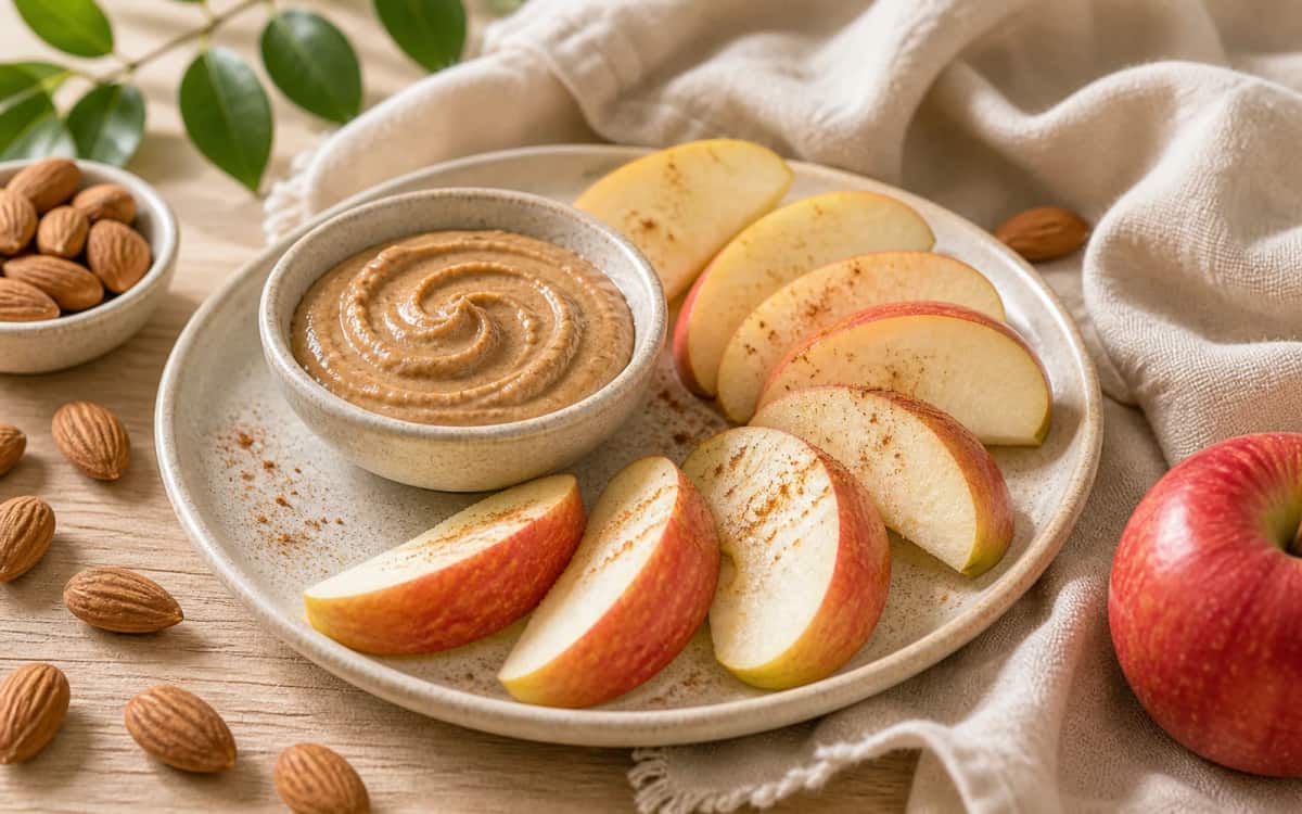 Abnehmfreundlich snacken: Apfel und Mandelmus als Ballaststoff-Protein-Kombi Apfelspalten mit Mandelmus als gesunde Snack-Alternative zum Abnehme