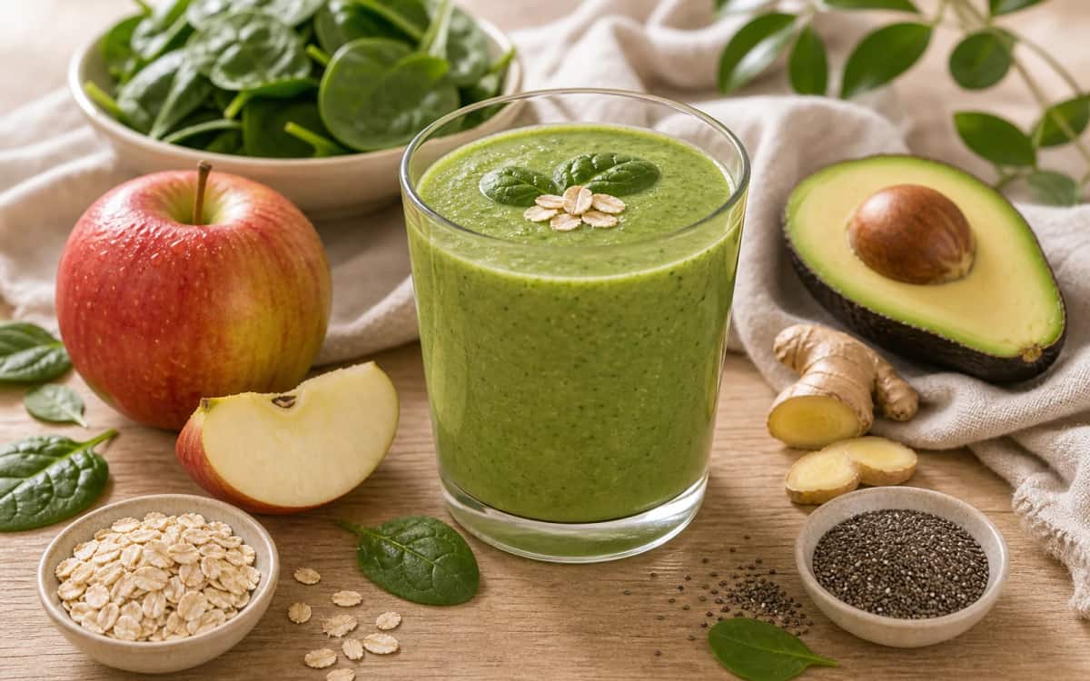 Apfel mit Schale im Smoothie: Ballaststoffreiche Ganzfrucht-Alternative Grüner Smoothie aus Apfel, Spinat und Avocado im Glas, daneben die Zutaten