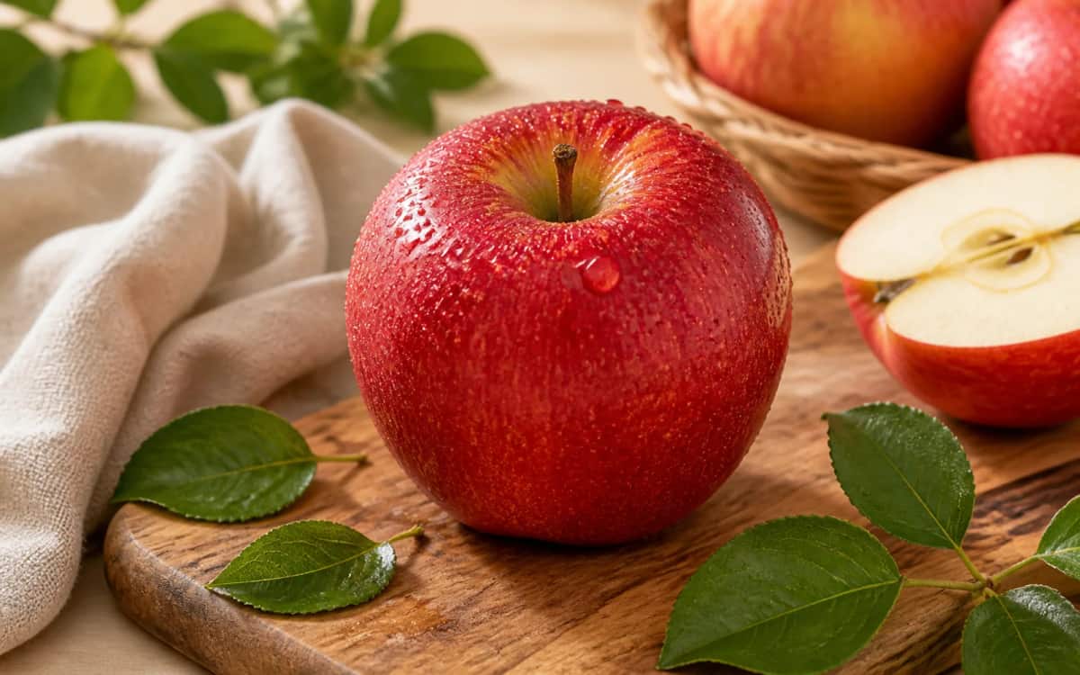 Der Apfel als Superfood: Vitamine, Ballaststoffe und Antioxidantien auf einen Blick Frischer roter Apfel mit Tautropfen auf Holzbrett – Symbol für ein nährstoffreiches Superfood