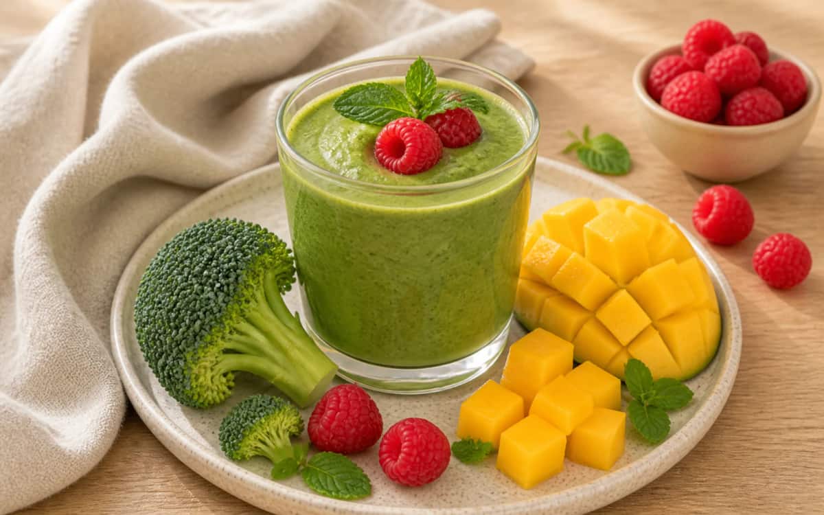 Fruchtige Smoothie-Kombination mit Brokkoli Grüner Smoothie mit Brokkoli, Mango und Himbeeren