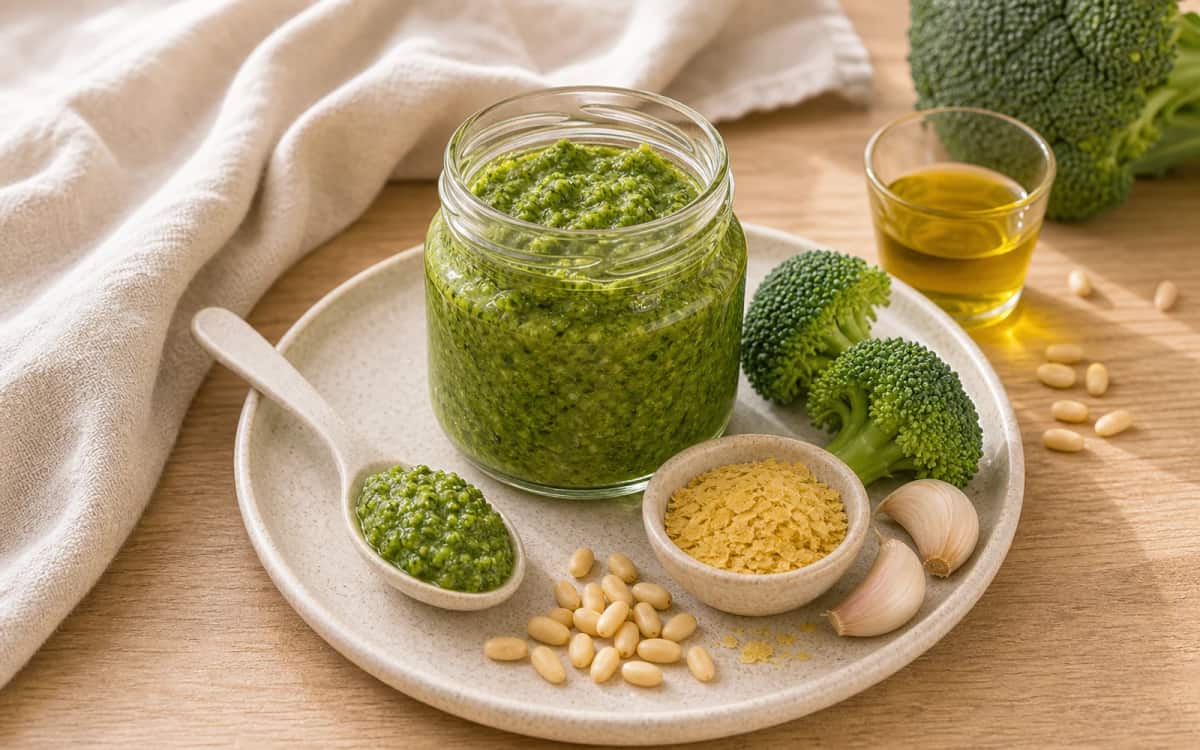Ungewöhnliches Rezept: Brokkoli-Pesto selbst gemacht Selbstgemachtes Brokkoli-Pesto im Glas mit Zutaten