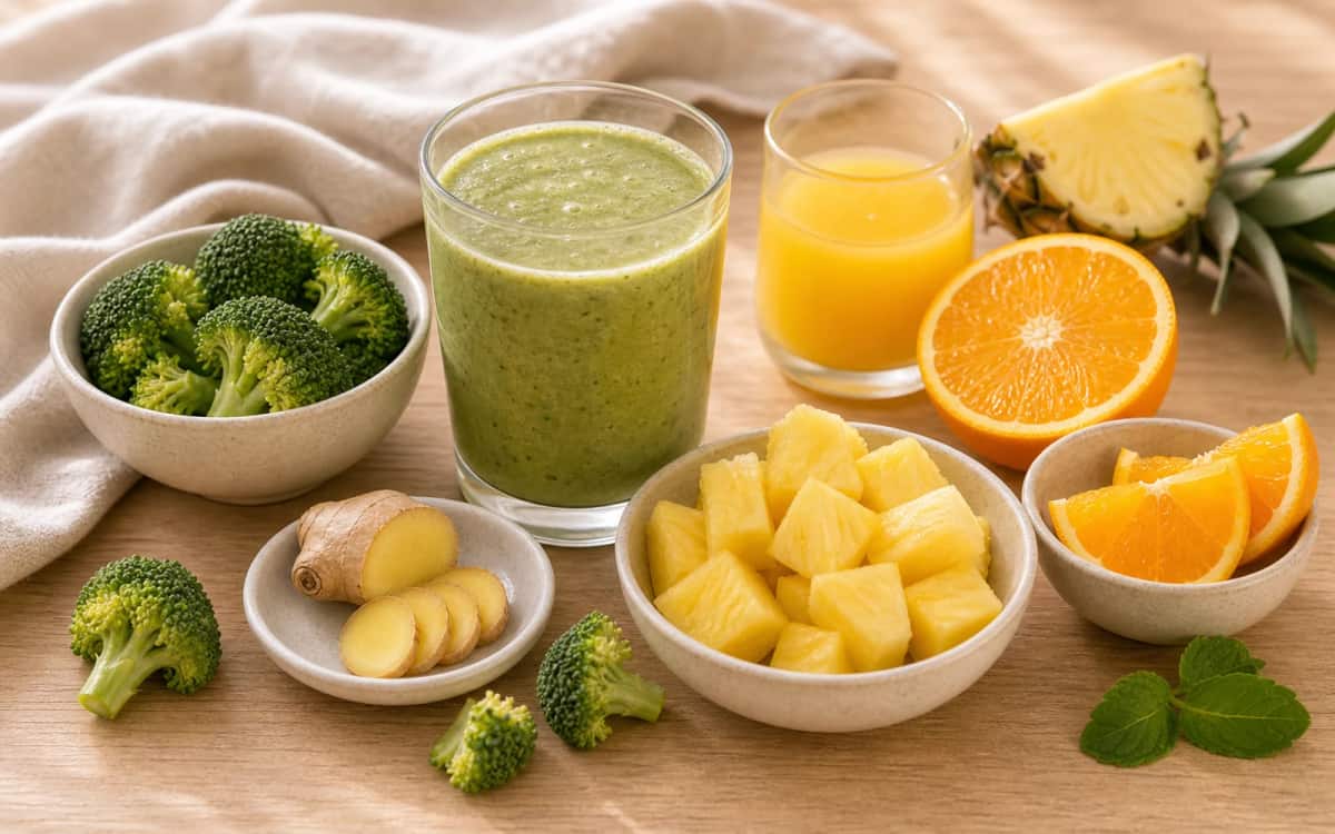 Tropischer Vitamin-C-Boost mit Brokkoli Zutaten für tropischen Smoothie mit Brokkoli und Ananas