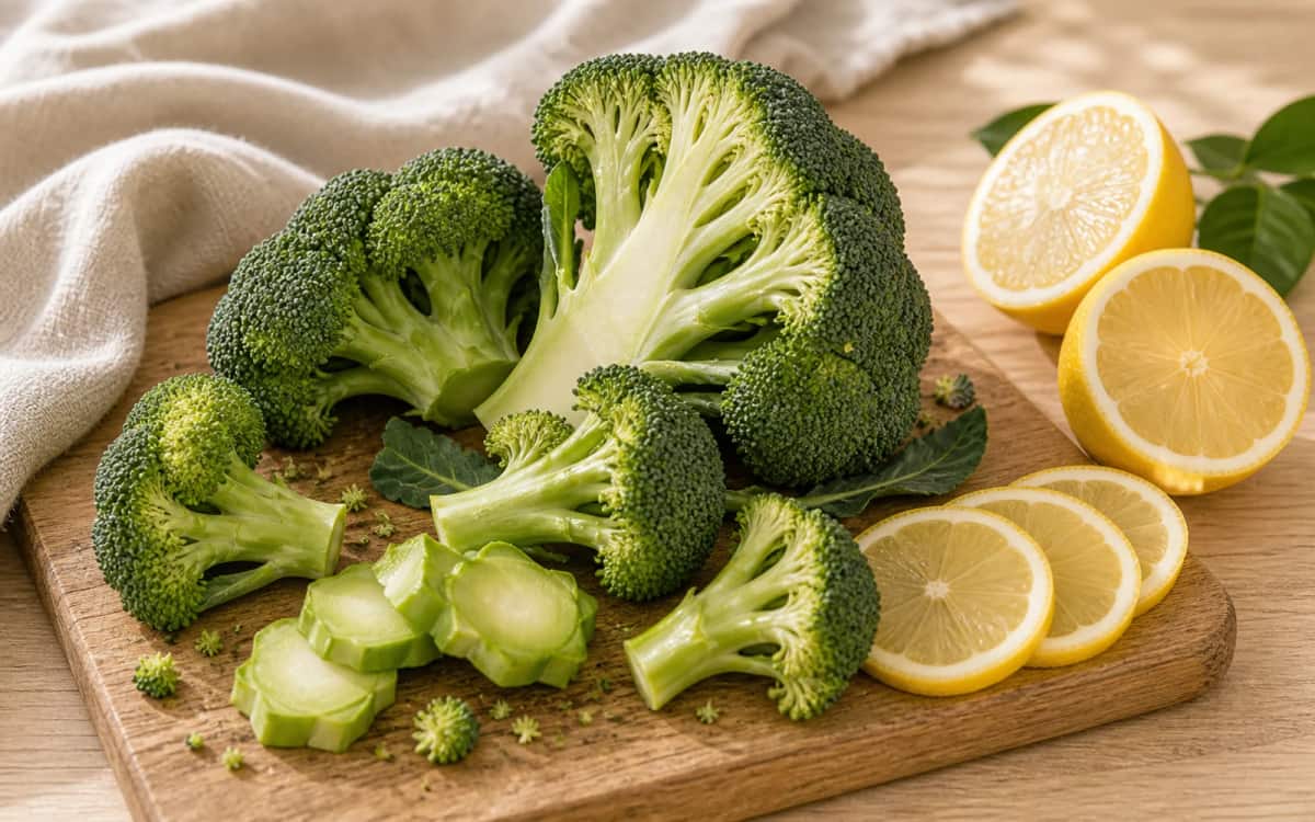 Brokkoli: Mehr Vitamin C als Zitronen Brokkoli aufgeschnitten mit hervorgehobenen Vitaminen