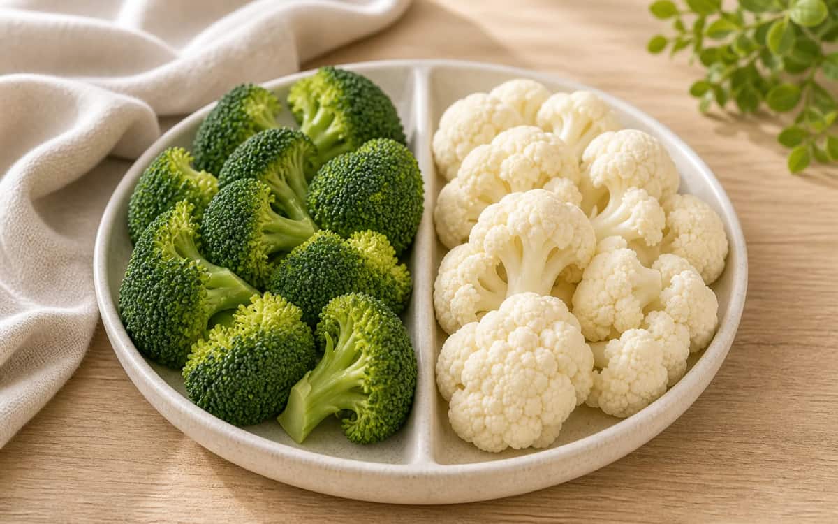 Brokkoli schlägt Blumenkohl im Nährstoffvergleich Brokkoli und Blumenkohl nebeneinander zum Vergleich