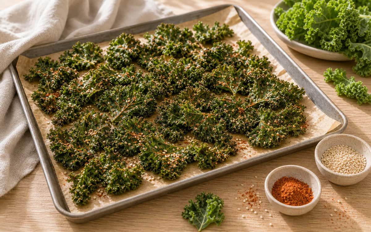Selbstgemachte Grünkohlchips – gesund und knusprig Knusprige Kale-Chips auf Backblech mit Sesam und Paprika
