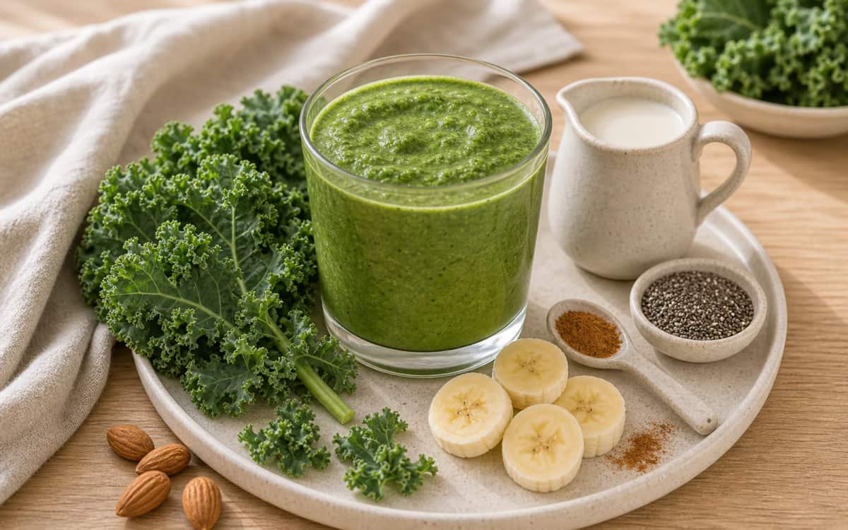 Cremiger Grünkohl-Smoothie mit Banane und Mandeldrink Grüner Smoothie mit Grünkohl, Banane und Mandeldrink in Glas