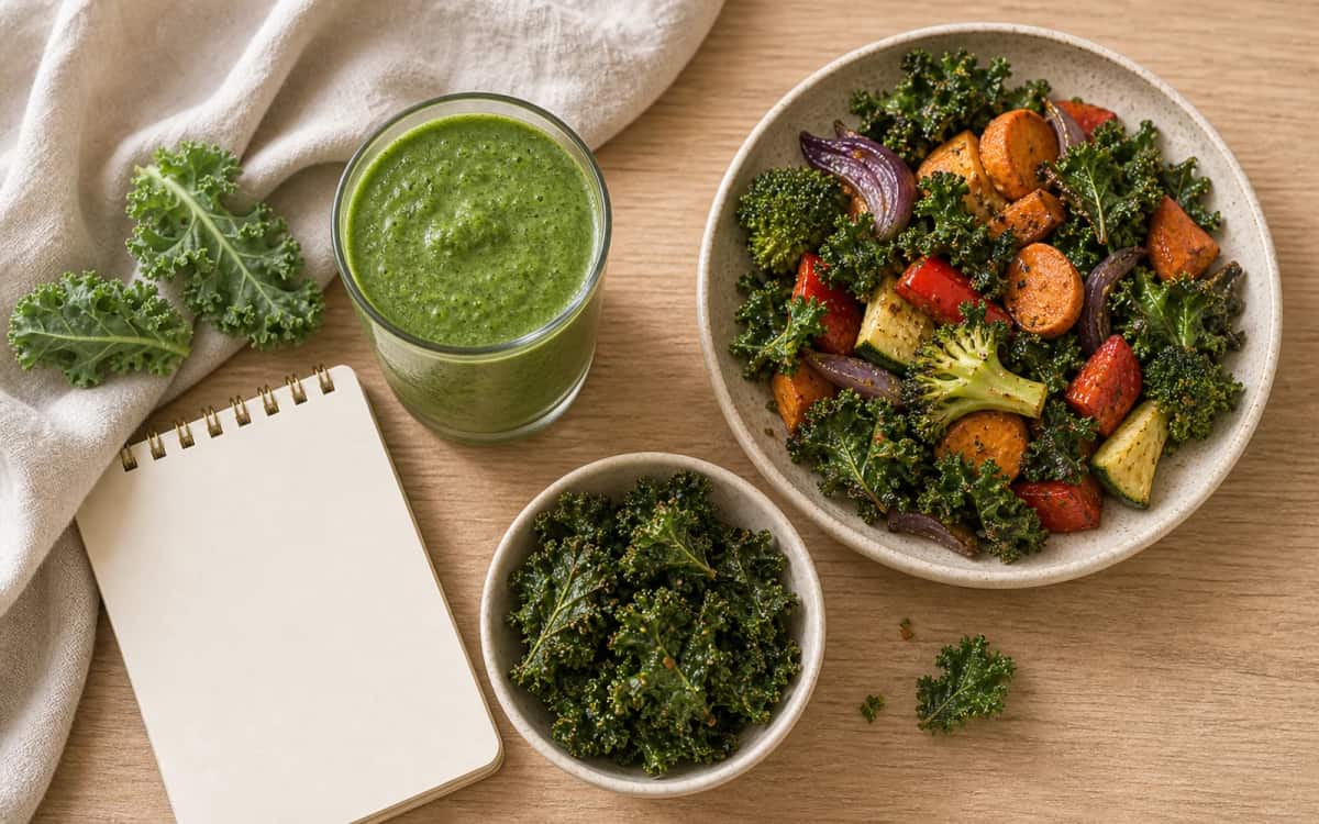 Grünkohl-Wochenplan mit Rezeptideen für jeden Tag Tagesplan mit Smoothie, Ofengemüse und Kale-Chips