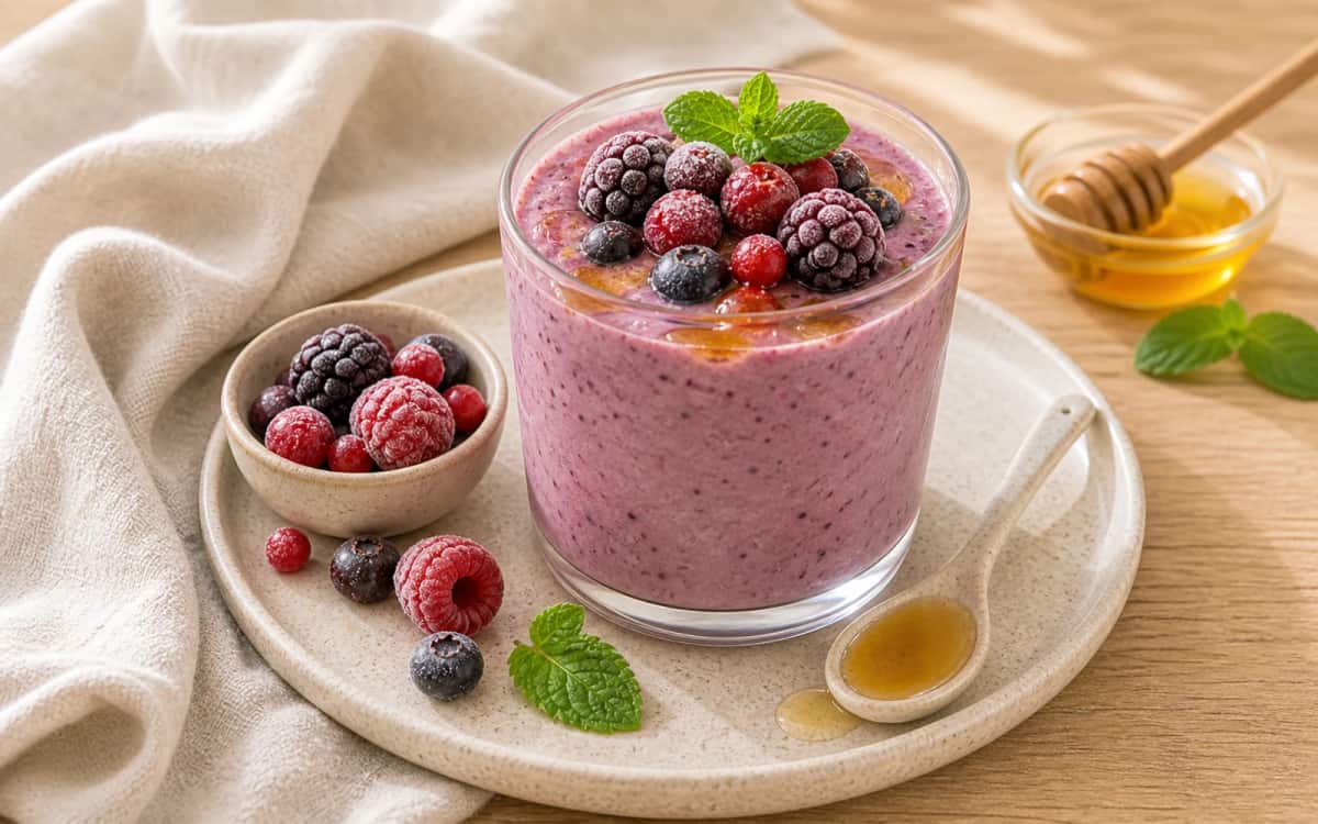 Smoothie aus Beeren, Joghurt und Honig Smoothie mit gefrorenen Beeren und Honig
