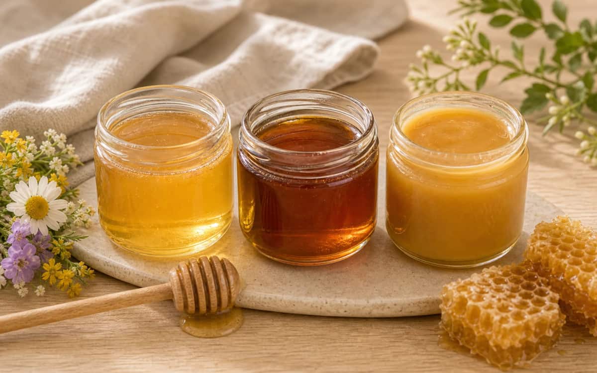 Vergleich: Blütenhonig, Waldhonig, Manuka Drei Gläser mit Blütenhonig, Waldhonig und Manuka