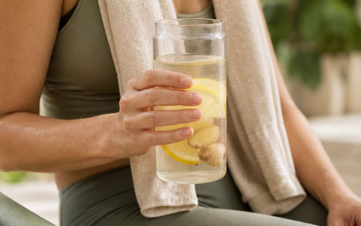 Ingwer unterstützt deinen Stoffwechsel – auch beim Fasten Frau mit Trinkflasche und Ingwer-Zitronenwasser beim Sport