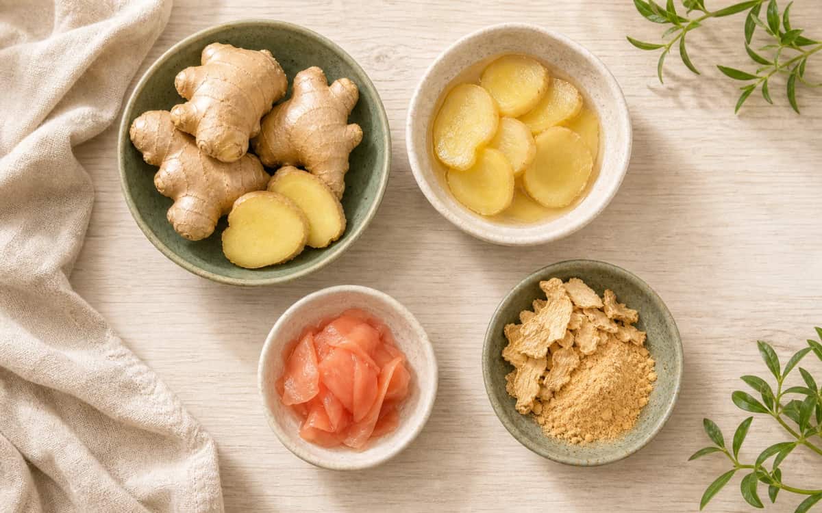 Ingwer in vier Varianten – vom Frischprodukt bis zur Pulverform Ingwer roh, gekocht, eingelegt und getrocknet nebeneinander