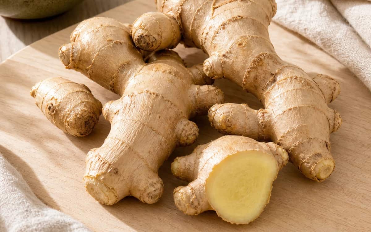 Natürliche Frische – Ingwer in seiner ursprünglichen Form Frische Ingwerknolle auf Holzbrett