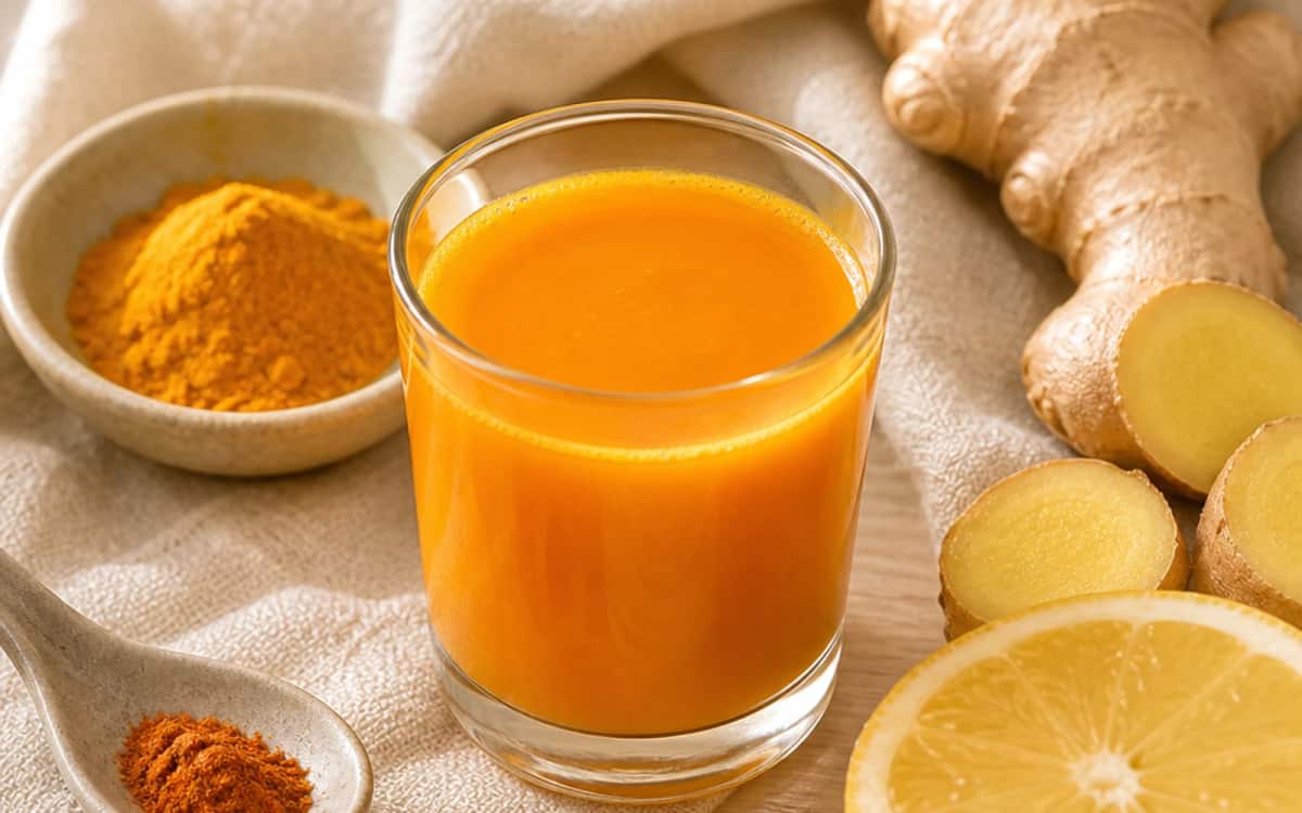 Der Power-Shot mit Kurkuma, Cayenne und Zitrone Kurzes Glas mit orangem Ingwer-Kurkuma-Shot