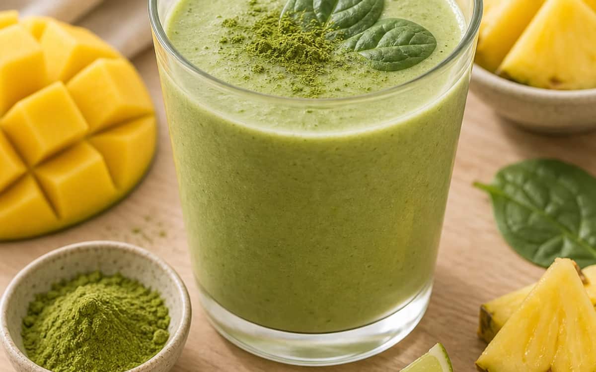 Deine eigene Matcha-Smoothie-Kreation Grüner Smoothie mit Matcha-Pulver im Glas mit tropischen Zutaten