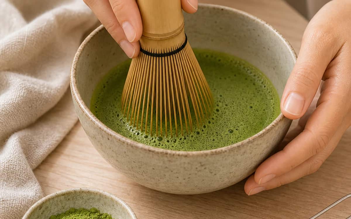 Matcha-Tee richtig aufschäumen – So geht’s Zubereitung von Matcha-Tee mit Bambusbesen (Chasen) und Schale