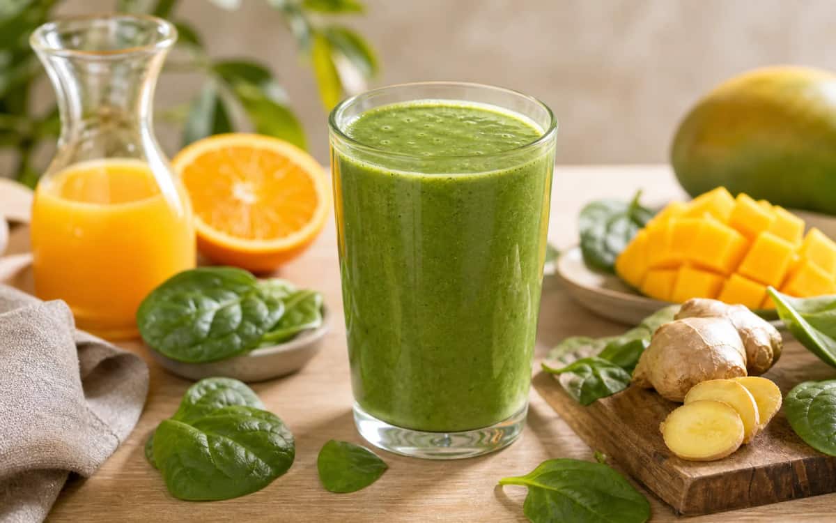 Grünes Wunder: Orangensaft-Smoothie mit Spinat und Mango Grüner Smoothie mit Orangensaft, Spinat und Mango im Glas