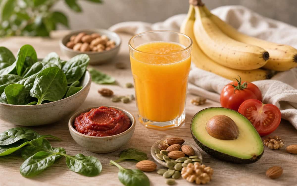 Kaliumgehalt in Lebensmitteln: Orangensaft im Mittelfeld Lebensmittel mit hohem Kaliumgehalt wie Spinat, Avocado und Orangensaft