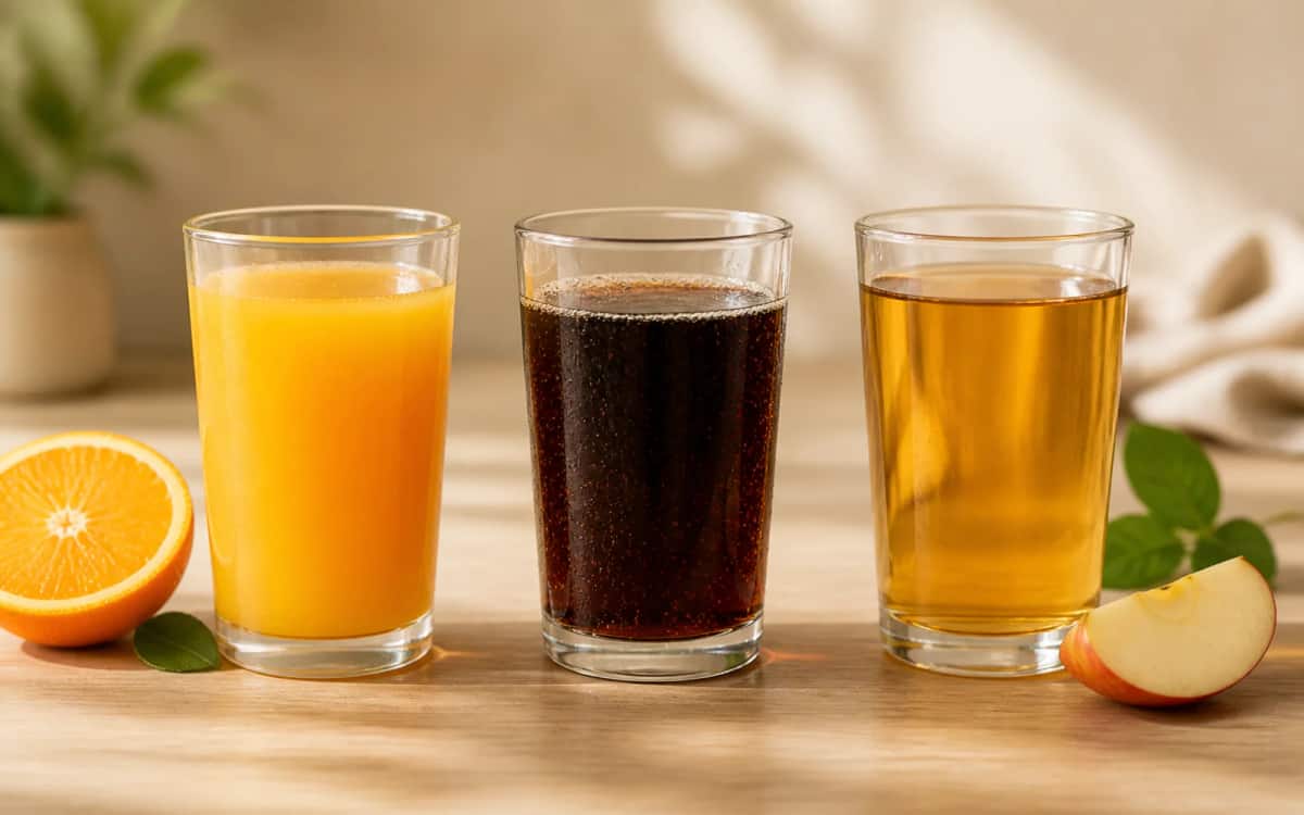 Kalorienvergleich: Orangensaft vs. Cola vs. Apfelsaft Orangensaft, Cola und Apfelsaft nebeneinander im Kalorienvergleich