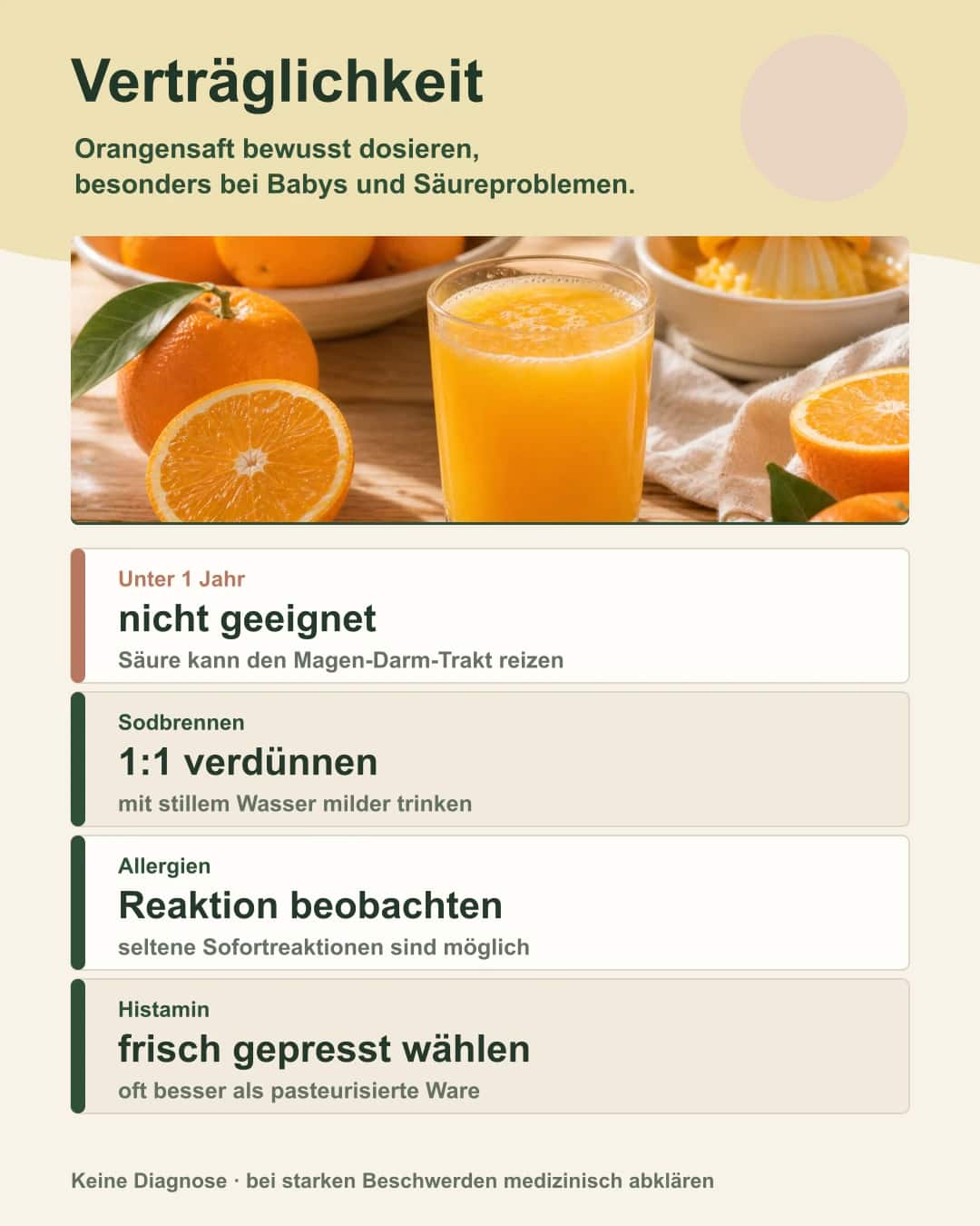 Achtung: Orangensaft nicht für Säuglinge unter 1 Jahr Symbolbild: Orangensaftflasche mit Warnschild ‚Nicht für Babys geeignet‘