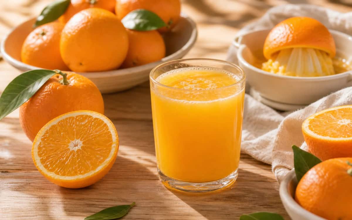 Frisch gepresster Orangensaft – natürliche Vitamin-C-Quelle Glas frisch gepresster Orangensaft mit Orangenhälften und Vitamin-C-Beschriftung