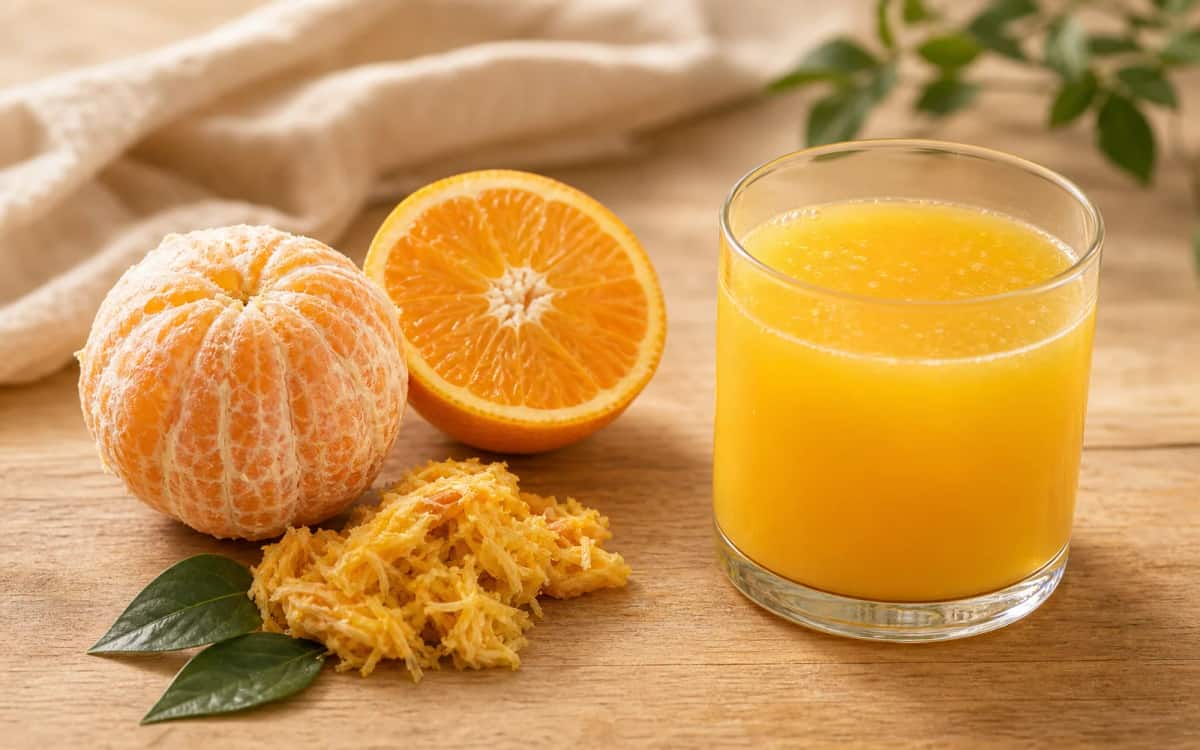 Ganze Frucht vs. Saft – was ist gesünder? Ganze Orange mit Fruchtfleisch vs. Glas Orangensaft