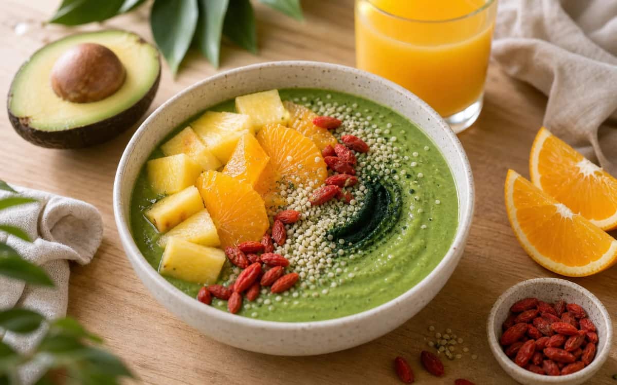 Zitrus-Kick Smoothie Bowl mit Superfoods Detox-Smoothie Bowl mit Orangensaft, Avocado, Spirulina und Toppings