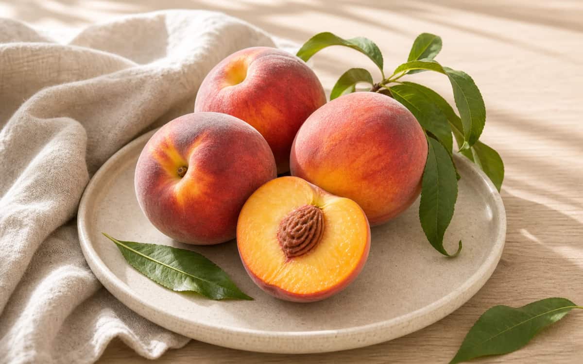 Frischer Pfirsich mit Blättern und angeschnittener Frucht Pfirsich mit Blättern und Schnittdarstellung