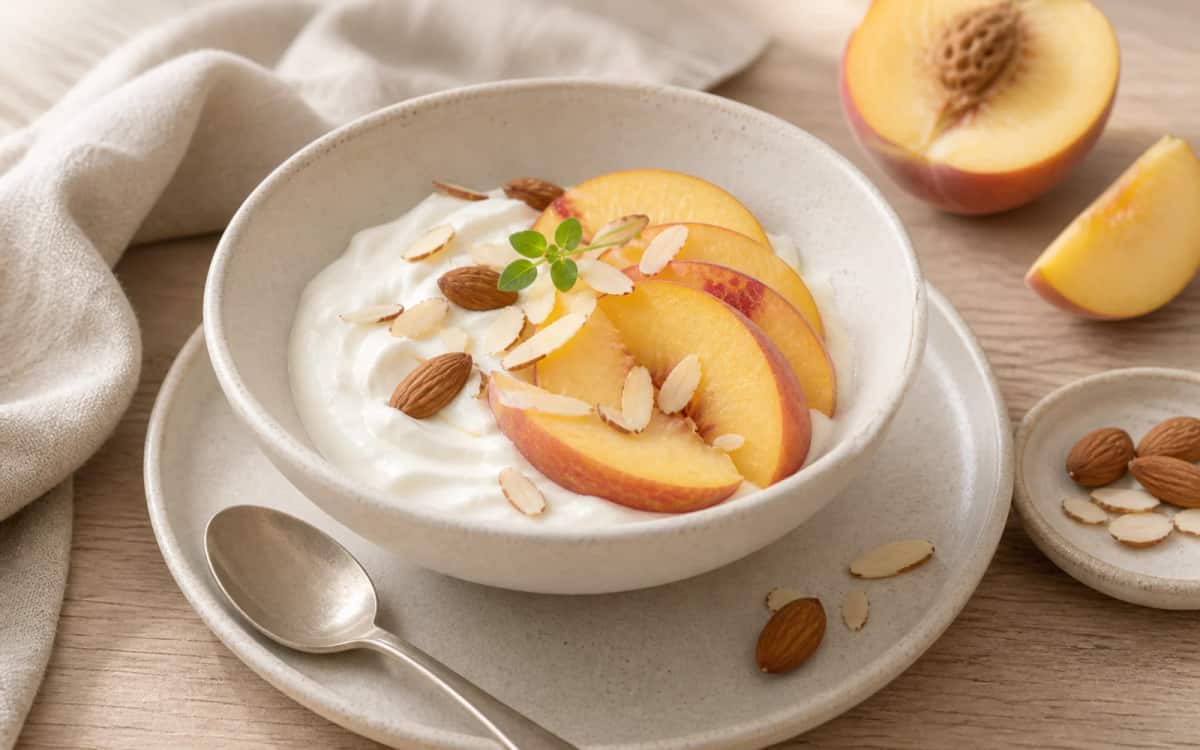 Pfirsich mit Joghurt und Mandel-Topping als Kombinationstipp Frischer Pfirsich mit Naturjoghurt und Mandeln serviert