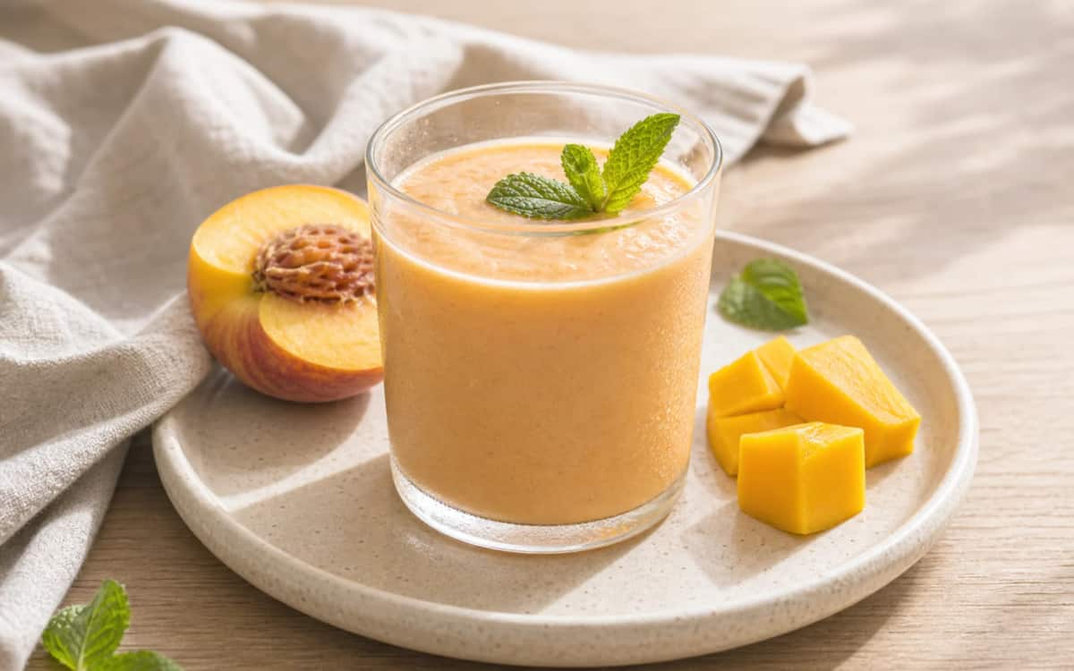 Fructover 3.0 Smoothie – Pfirsich trifft Mango Pfirsich-Smoothie im Glas mit Minzblatt