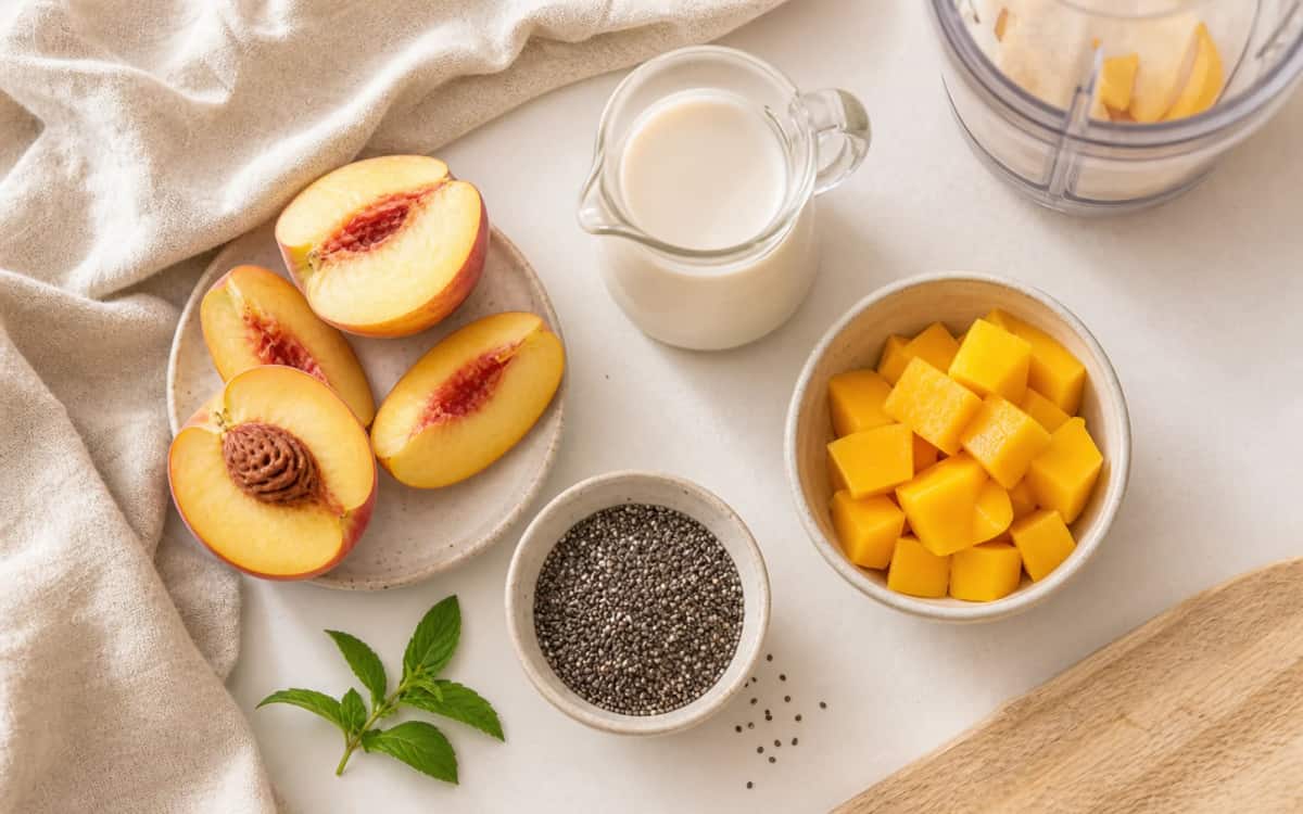 Mango, Pfirsich, Mandeldrink und Chiasamen – Smoothie-Basis Zutaten für Pfirsich-Smoothie flach auf weißem Hintergrund arrangiert