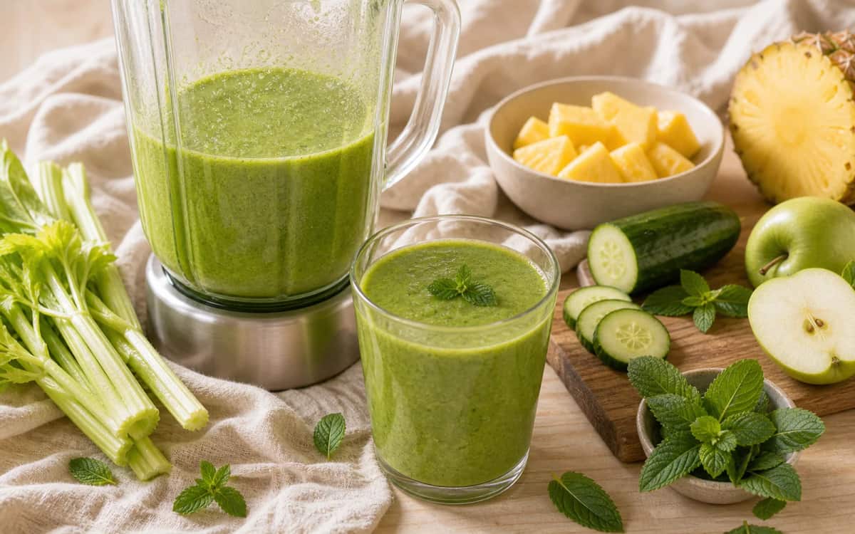 Nährstoffreicher Sellerie-Smoothie mit Ananas und Minze Grüner Smoothie mit Sellerie, Ananas und Minze im Mixer