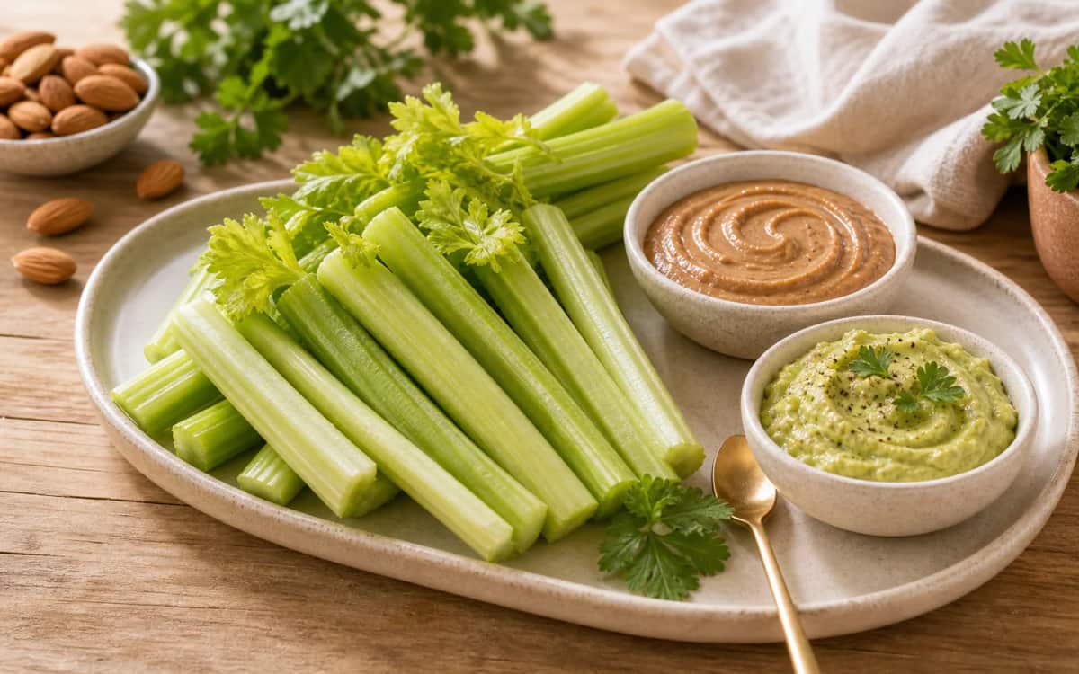 Gesunder Snack: Selleriestangen mit cremigem Dip Selleriesticks mit Mandelmus und Avocado-Dip