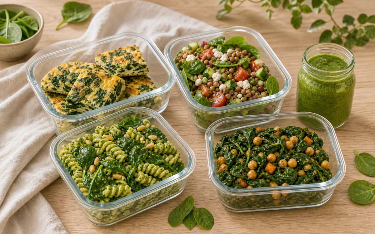 Spinat-Wochenplan: Gesund vorbereitet mit Meal Prep Verschiedene Spinatgerichte in Meal Prep Boxen für die Woche