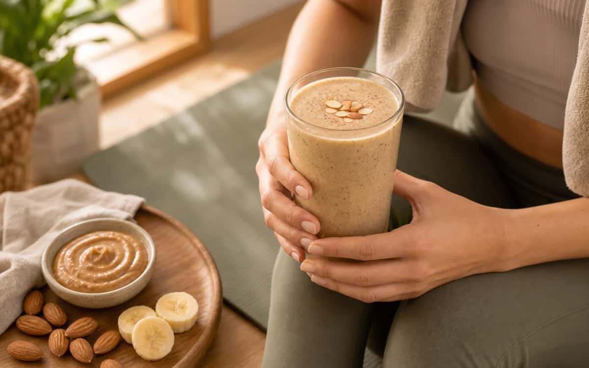 Mandelmus als Energiequelle beim Abnehmen Frau hält Smoothie mit Mandelmus beim Workout