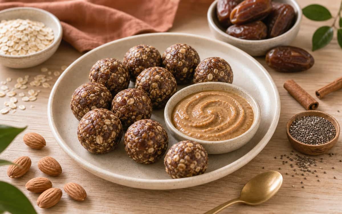 Datteln-Energieballs mit Mandelmus – gesund und lecker Selbstgemachte Energieballs auf einem Teller mit Mandelmus-Dip