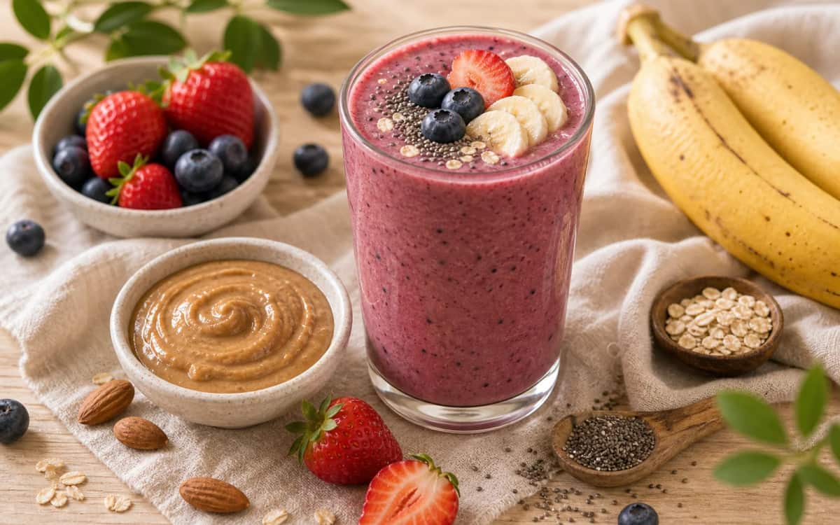 Power-Smoothie mit Mandelmus, Beeren und Banane Bunter Smoothie mit Mandelmus, Banane und Beeren