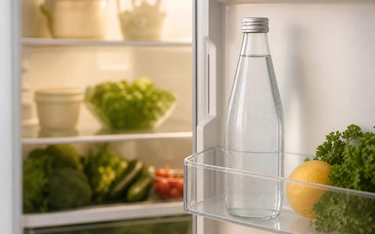 Kühle Lagerung für frisches Wasser Glasflasche mit Quellwasser im Kühlschrank aufbewahrt