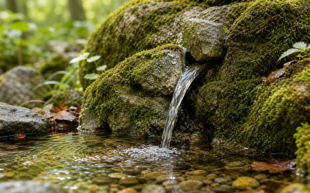 Ursprüngliches Quellwasser aus der Natur Natürliches Quellwasser sprudelt aus einer Felsquelle